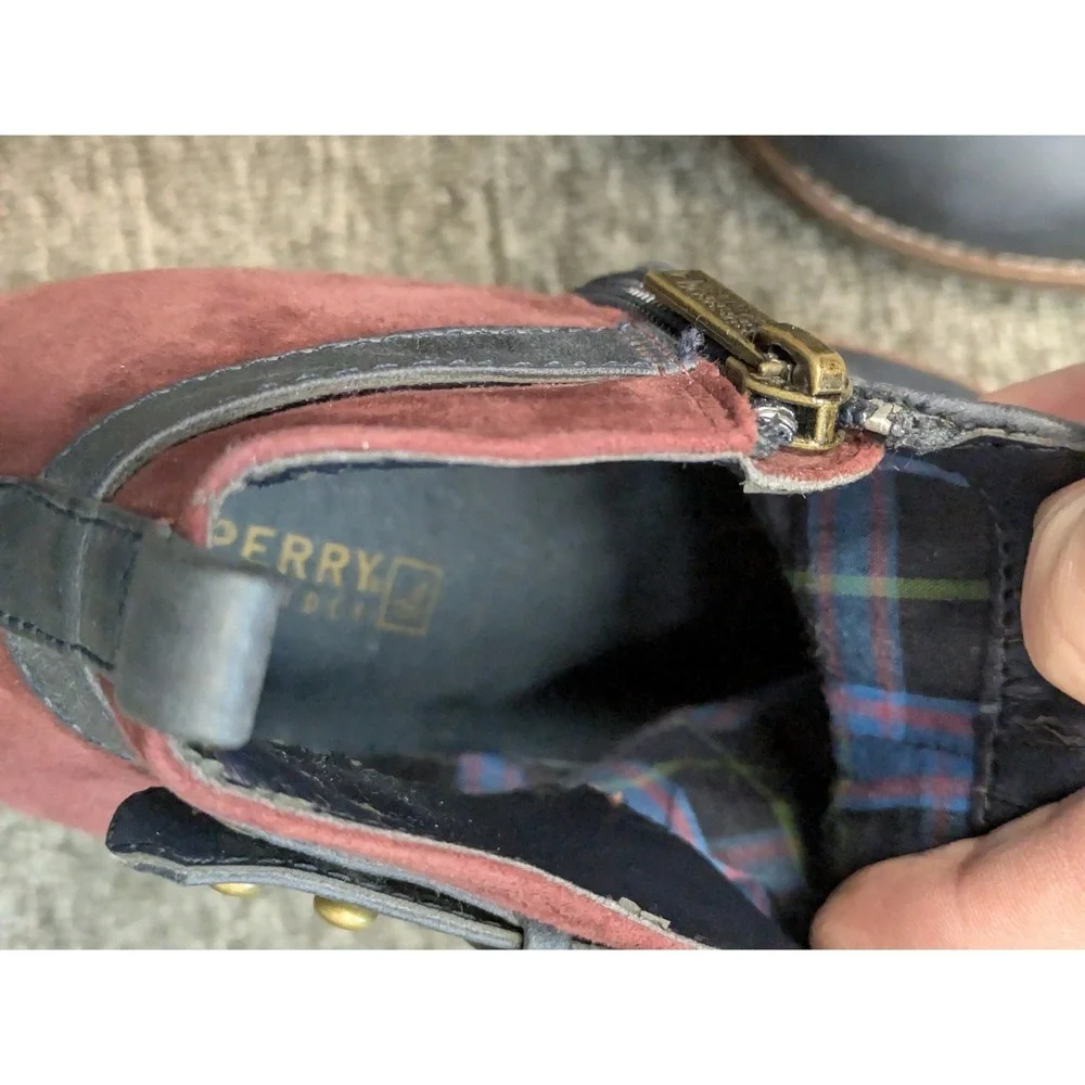 Sperry Ankle Boots Women's Size 7 Navy Blue Burgundy‎ Suede Leather Block Heel